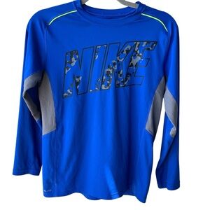Nike Dri Fit Boy’s Blue Active Camo Graphic Long Sleeve Shirt Size Large VGUC